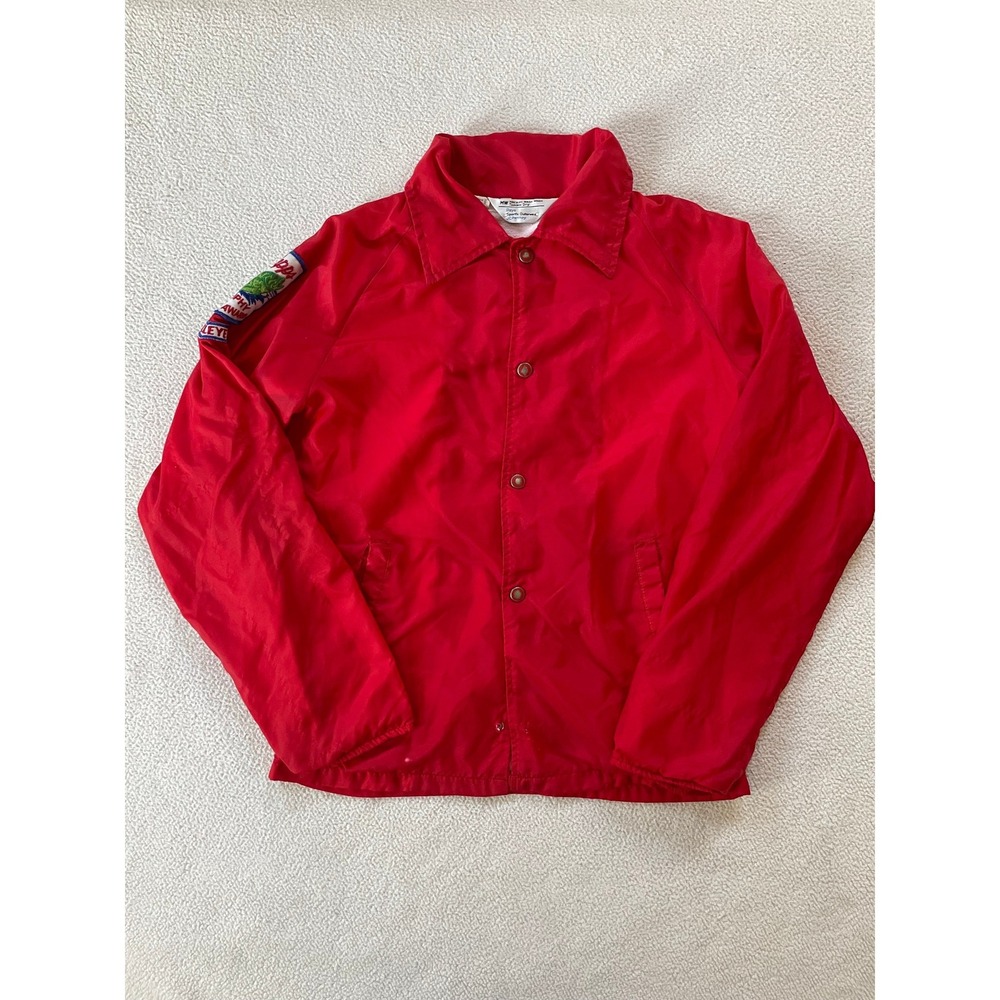 JCPenney Boys Large Windbreaker Red Mepps Fishing Trophy Fish Walleye Patches